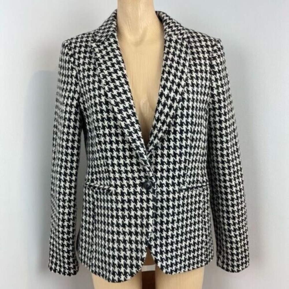 Vintage Houndstooth Black White Wool Blend Womens Blazer Jacket Coat Shacket M